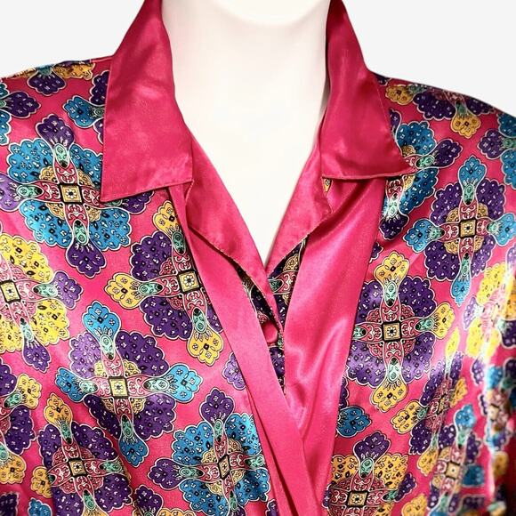 Vintage Delicates Satin Pajama Set Colorful Pink Paisley PJs & Robe Medium 12-14 - Picture 6 of 16